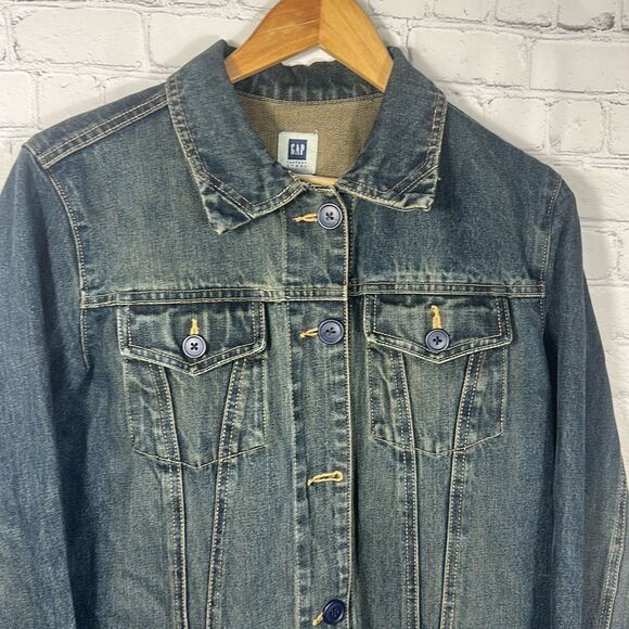 GAP Vintage Y2K Blue Dark Wash Denim Jean Jacket Trench Coat - Picture 2 of 8